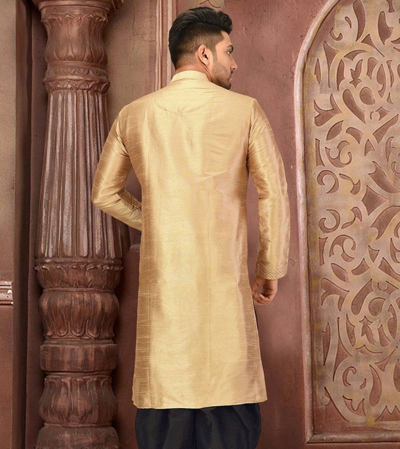 Beige  dupion art silk  kurta with machine dk work in front and hand