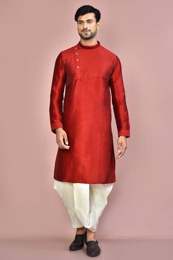 Red dupion art silk  kurta with machine dk work in front and hand