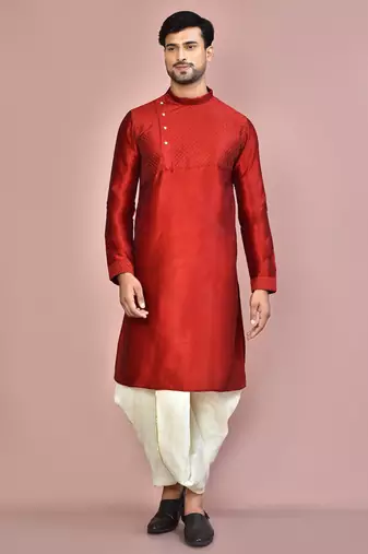 Red dupion art silk  kurta with machine dk work in front and hand