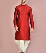 Red dupion art silk  kurta with machine dk work in front and hand