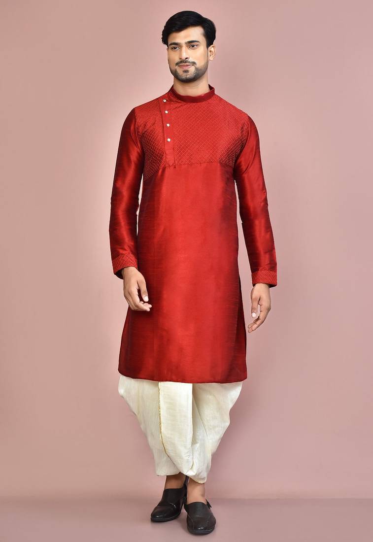 Red dupion art silk  kurta with machine dk work in front and hand