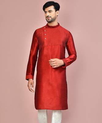 Red dupion art silk  kurta with machine dk work in front and hand 2