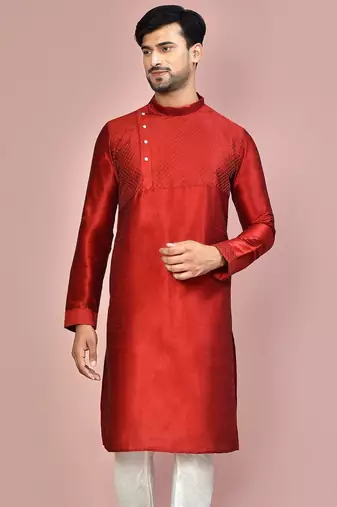Red dupion art silk  kurta with machine dk work in front and hand