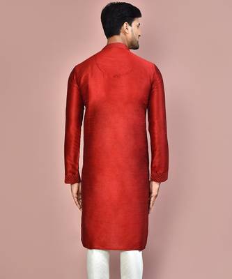 Red dupion art silk  kurta with machine dk work in front and hand 3