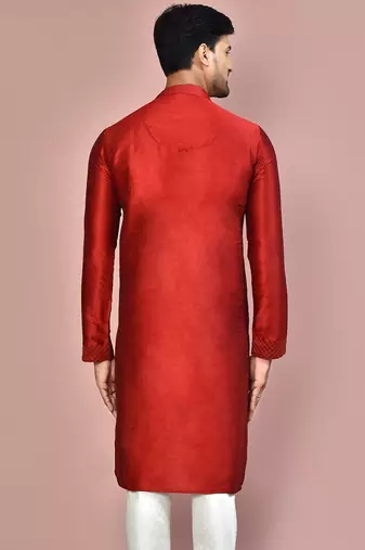 Red dupion art silk  kurta with machine dk work in front and hand