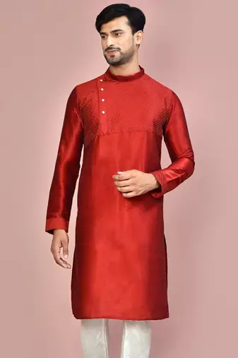 Red dupion art silk  kurta with machine dk work in front and hand
