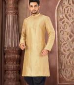 Biscuit dupion art silk  kurta with machine dk work in front and hand