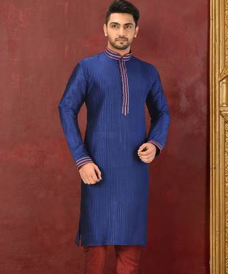 Navy blue dupion art silk  kurta with machine dk work in collar and button line and printex work 1