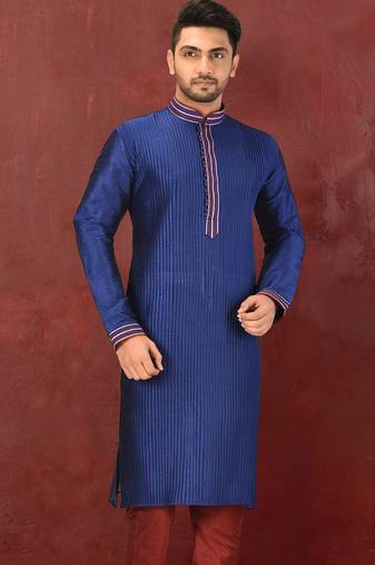 Navy blue dupion art silk  kurta with machine dk work in collar and button line and printex work