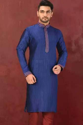 Navy blue dupion art silk  kurta with machine dk work in collar and button line and printex work