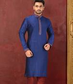 Navy blue dupion art silk  kurta with machine dk work in collar and button line and printex work