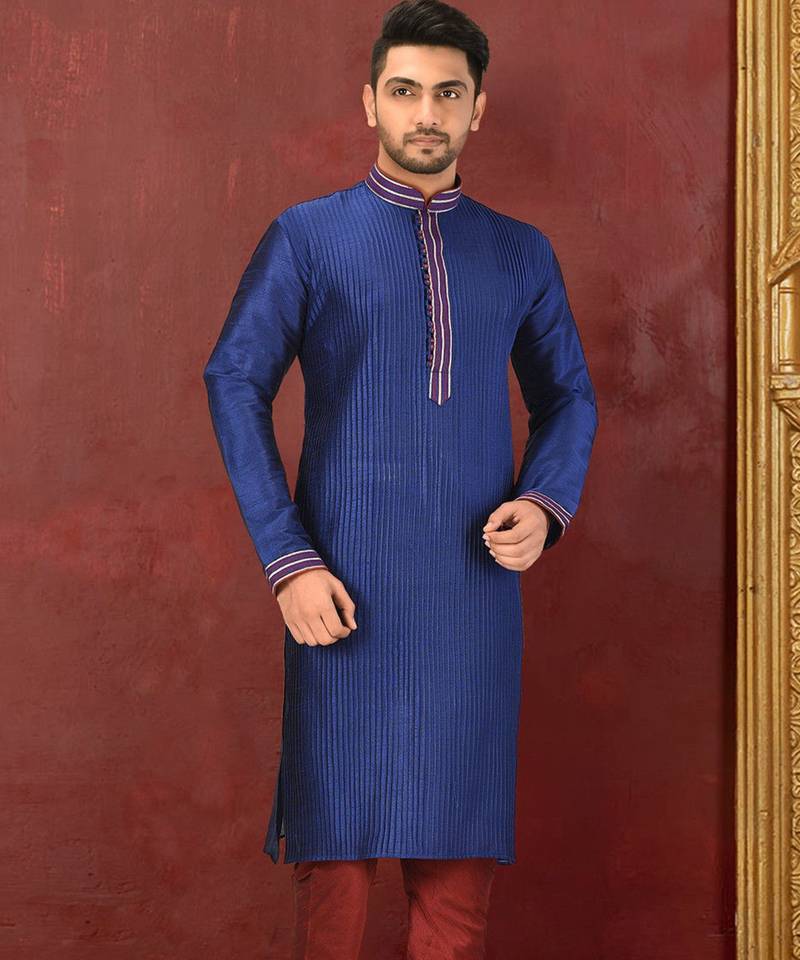 Navy blue dupion art silk  kurta with machine dk work in collar and button line and printex work