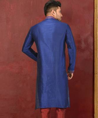 Navy blue dupion art silk  kurta with machine dk work in collar and button line and printex work 2