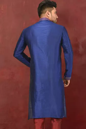 Navy blue dupion art silk  kurta with machine dk work in collar and button line and printex work