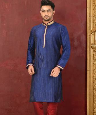 Navy blue dupion art silk  kurta with machine dk work in collar and button line along with printex work 1