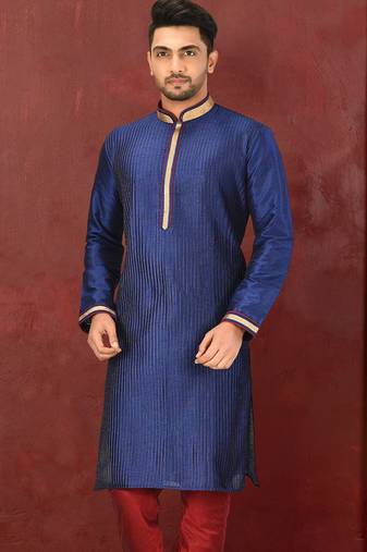 Navy blue dupion art silk  kurta with machine dk work in collar and button line along with printex work