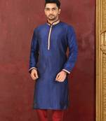 Navy blue dupion art silk  kurta with machine dk work in collar and button line along with printex work