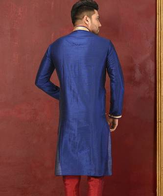 Navy blue dupion art silk  kurta with machine dk work in collar and button line along with printex work 2