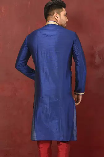 Navy blue dupion art silk  kurta with machine dk work in collar and button line along with printex work
