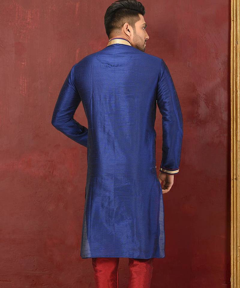 Navy blue dupion art silk  kurta with machine dk work in collar and button line along with printex work