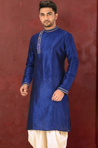 Navy blue dupion art silk  kurta with machine dk work in collar and button line