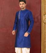 Navy blue dupion art silk  kurta with machine dk work in collar and button line