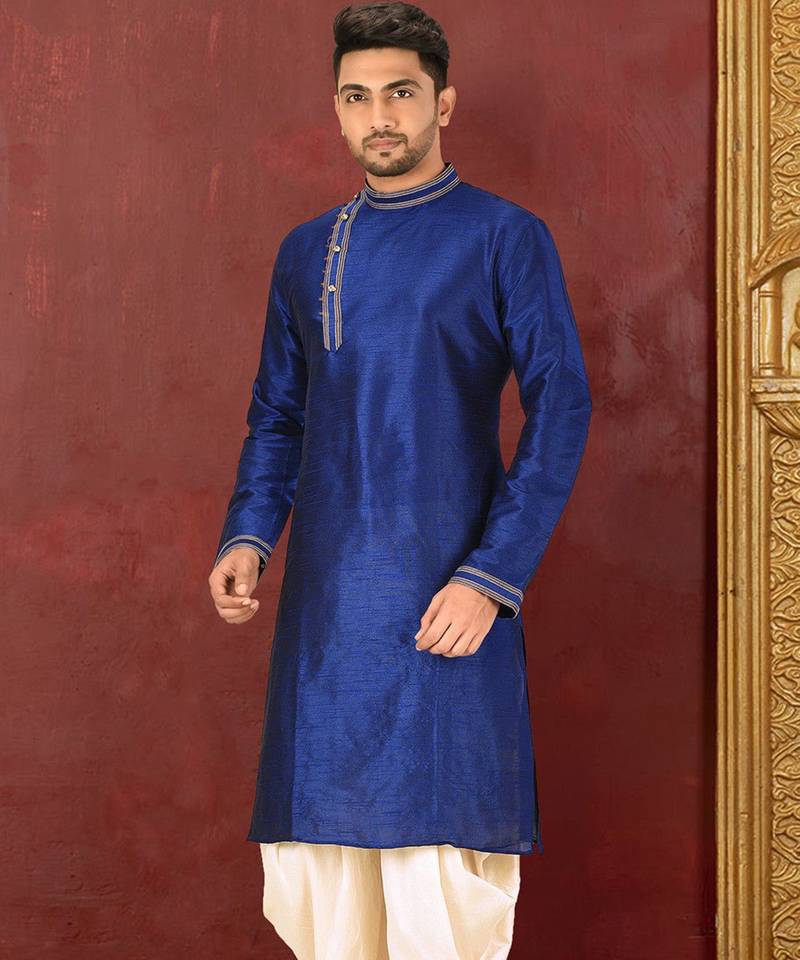 Navy blue dupion art silk  kurta with machine dk work in collar and button line