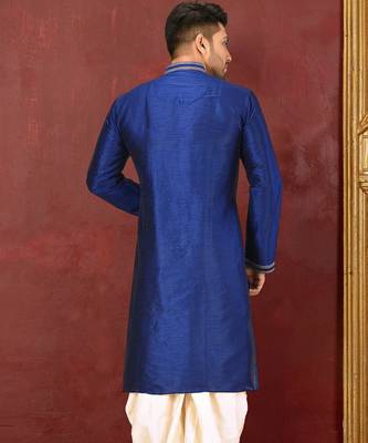 Navy blue dupion art silk  kurta with machine dk work in collar and button line 2