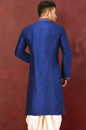 Navy blue dupion art silk  kurta with machine dk work in collar and button line