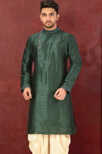 Bottle green dupion art silk  kurta with machine dk work in collar and button line