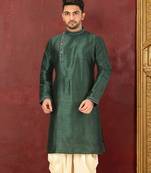Bottle green dupion art silk  kurta with machine dk work in collar and button line