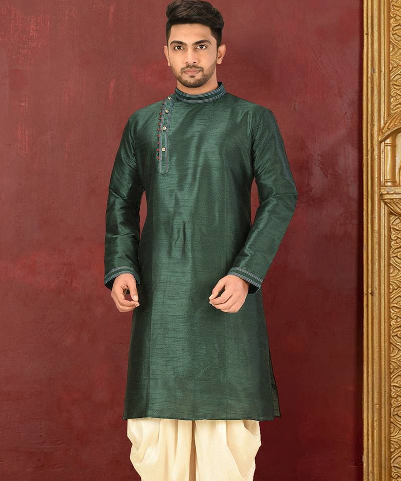 Bottle green dupion art silk  kurta with machine dk work in collar and button line