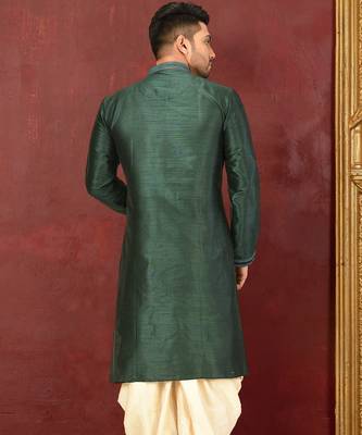 Bottle green dupion art silk  kurta with machine dk work in collar and button line 2
