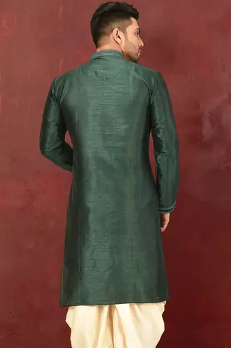 Bottle green dupion art silk  kurta with machine dk work in collar and button line
