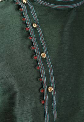 Bottle green dupion art silk  kurta with machine dk work in collar and button line 3