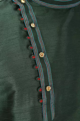 Bottle green dupion art silk  kurta with machine dk work in collar and button line