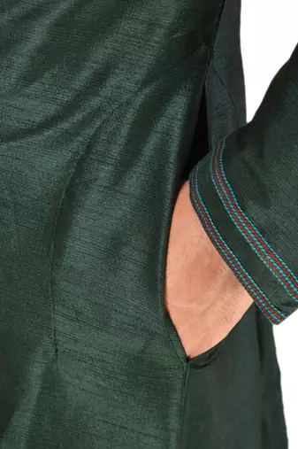 Bottle green dupion art silk  kurta with machine dk work in collar and button line