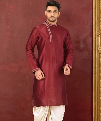 Red dupion art silk  kurta with machine dk work in collar and button line 1