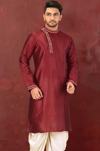 Red dupion art silk  kurta with machine dk work in collar and button line