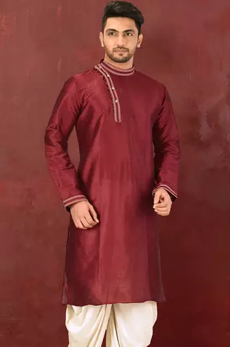 Red dupion art silk  kurta with machine dk work in collar and button line