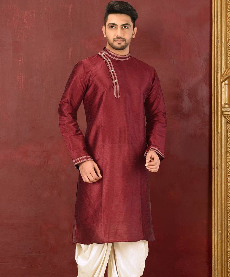 Red dupion art silk  kurta with machine dk work in collar and button line
