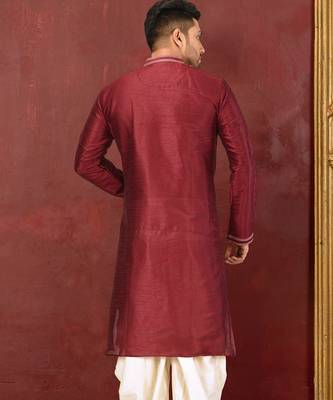 Red dupion art silk  kurta with machine dk work in collar and button line 2