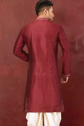 Red dupion art silk  kurta with machine dk work in collar and button line