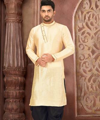 Light beige dupion art silk  kurta with machine dk work in collar and button line 1