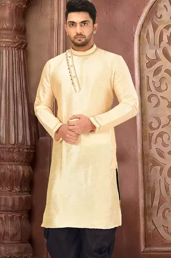Light beige dupion art silk  kurta with machine dk work in collar and button line