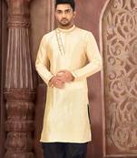 Light beige dupion art silk  kurta with machine dk work in collar and button line
