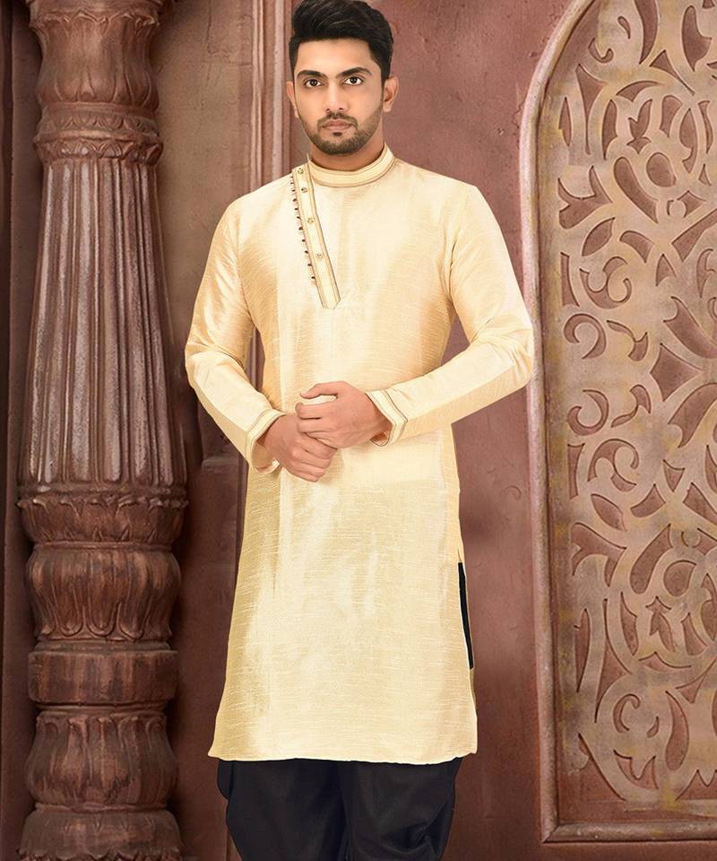 Light beige dupion art silk  kurta with machine dk work in collar and button line