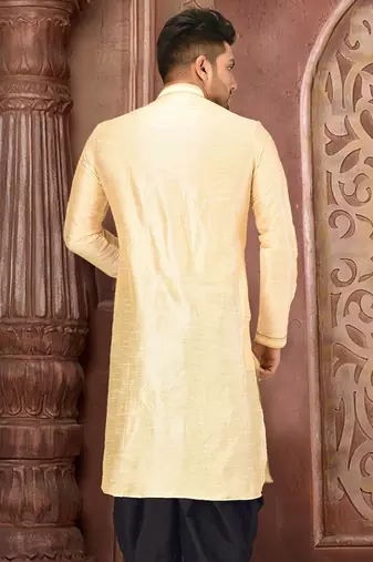 Light beige dupion art silk  kurta with machine dk work in collar and button line