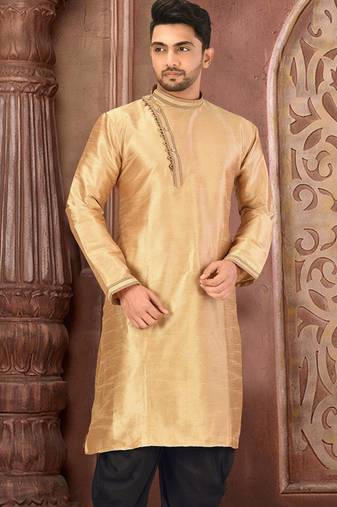 Dark beige dupion art silk  kurta with machine dk work in collar and button line