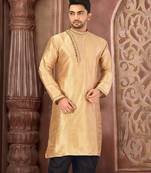 Dark beige dupion art silk  kurta with machine dk work in collar and button line